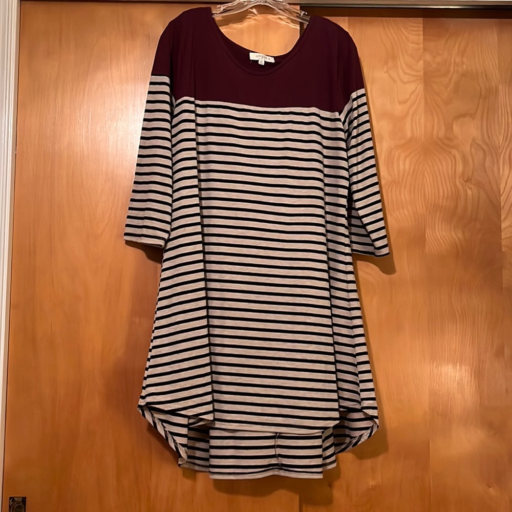Blue striped dress with red solid shoulders